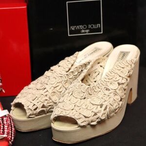 Armando Pollini Beige Fabric Wedge Shoes Size EU 38